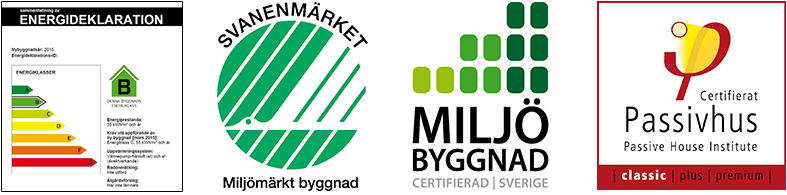 Logga för Energideklaration, Svanenmärket, Miljöbyggnad och Passivhus
