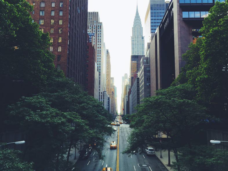 Bild på ett trafiklyse med en vägskylt till Wall Street i New York, USA.