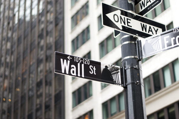 Bild på gatuskyltar mot Wall Street i New York, USA.