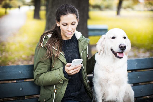 Kvinna sitter på en parkbänk bredvid en hund.