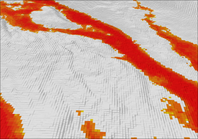 Digital mosaik som föreställer ett landskap med rödmarkerade dalar.