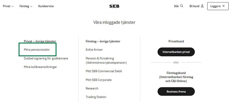Logga in på Mina pensionssidor genom att klicka på Logga in uppe till höger.