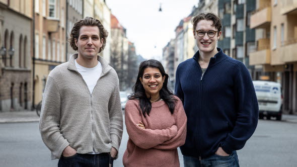 Tendmill. Från vänster: Carl Hultberg, grundare och vd, Shweta Misra, machine learning engineer och bolagets senaste rekrytering,, Axel Meurling, chief technology officer.